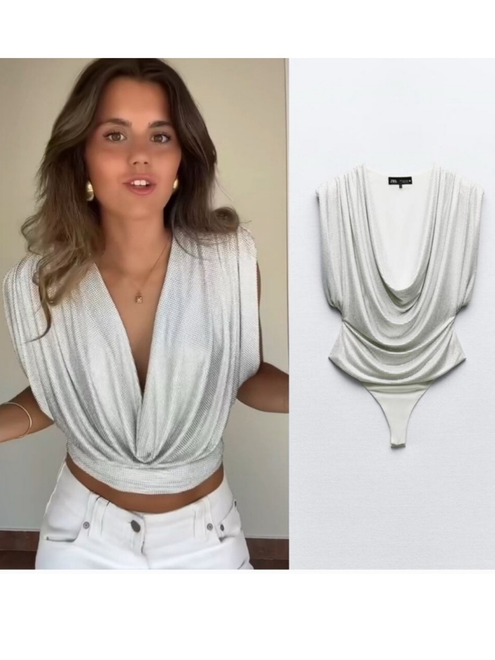 ✅ NWT ZARA Gorgeous JEWEL SHOULDER PADDED Silver Gray BODYSUIT size S - Picture 2 of 16
